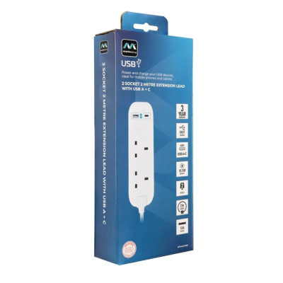 2 Socket 2M Extension Lead with USB A+C
